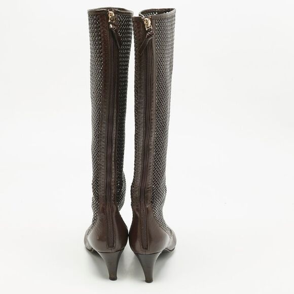 Bottega Veneta Dark Brown Woven Leather Zipped Knee Length Boots Size 39.5 - Picture 5 of 7